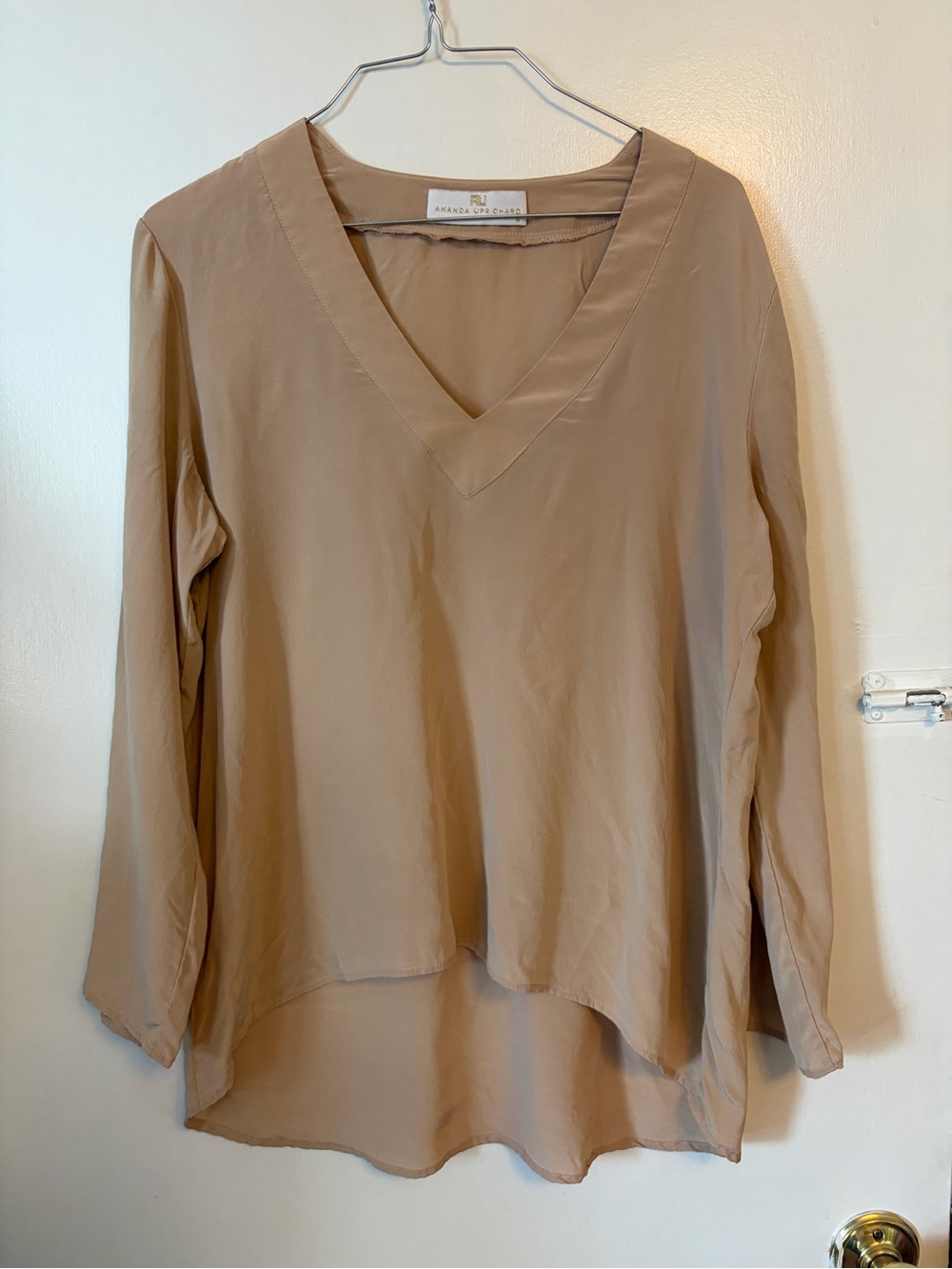 Amanda Uprichard Silk Taupe V-Neck Long-Sleeve Women's Top